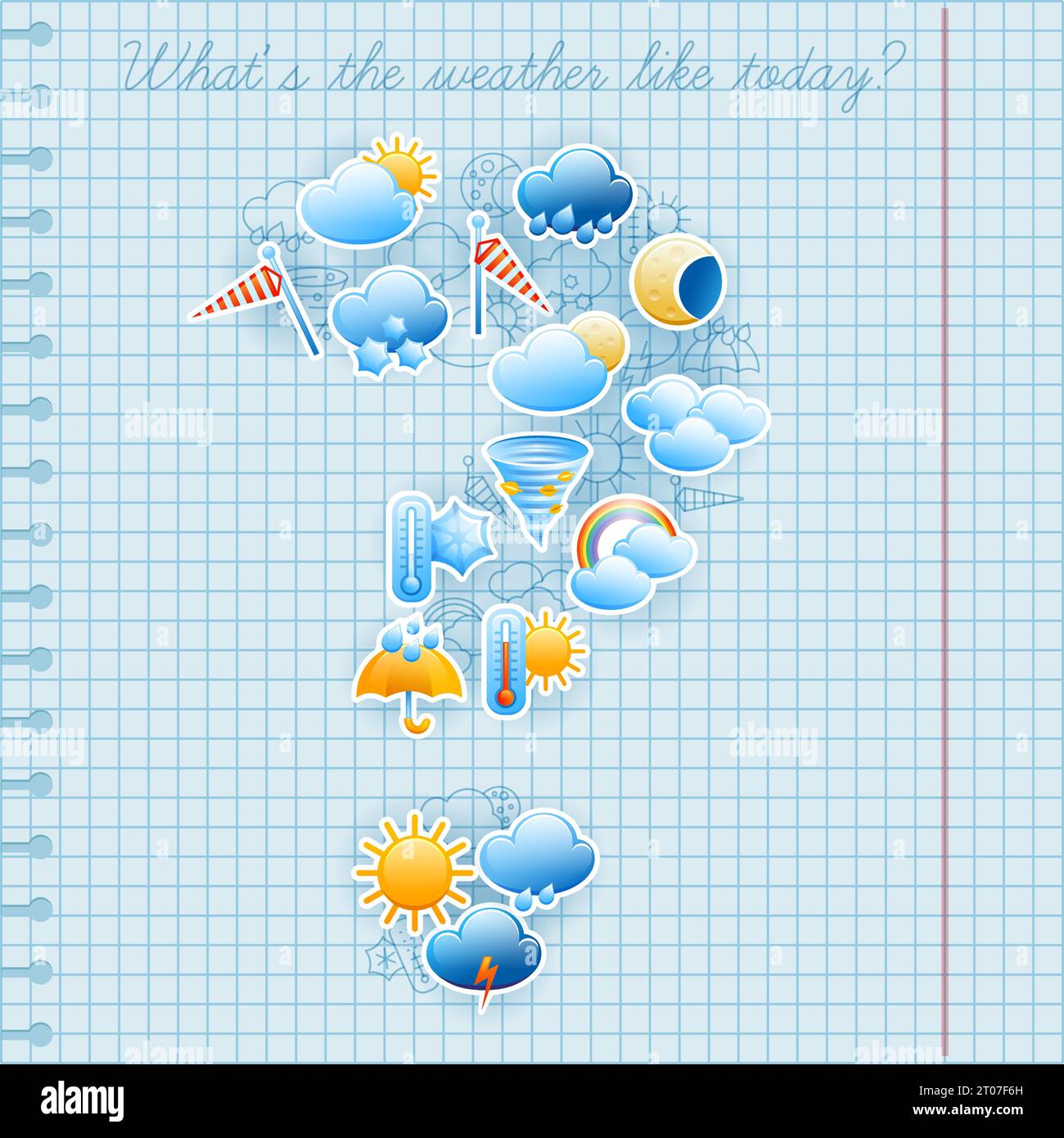 College Squared notebook pagina giorno previsioni meteo simboli etichette e penna inchiostro schizzo composizione illustrazione vettoriale astratta Illustrazione Vettoriale