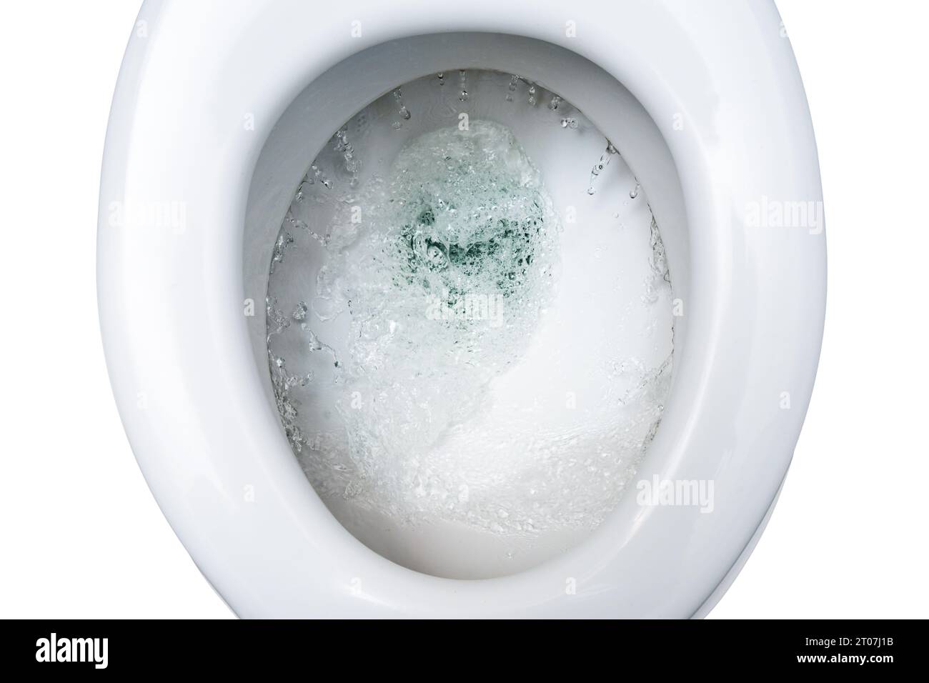 La ciotola della toilette è lavata con diversi litri di acqua potabile, spreco di risorse ambientali in tempi di riscaldamento climatico globale, vista dall'alto Foto Stock