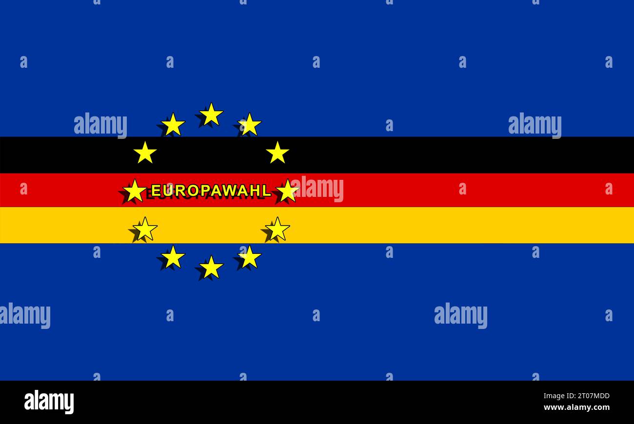 Giornata delle elezioni europee, in Germania con testo, bandiera tedesca e logo dell'Unione europea. zona euro, elezioni politiche, parlamento europeo, Foto Stock