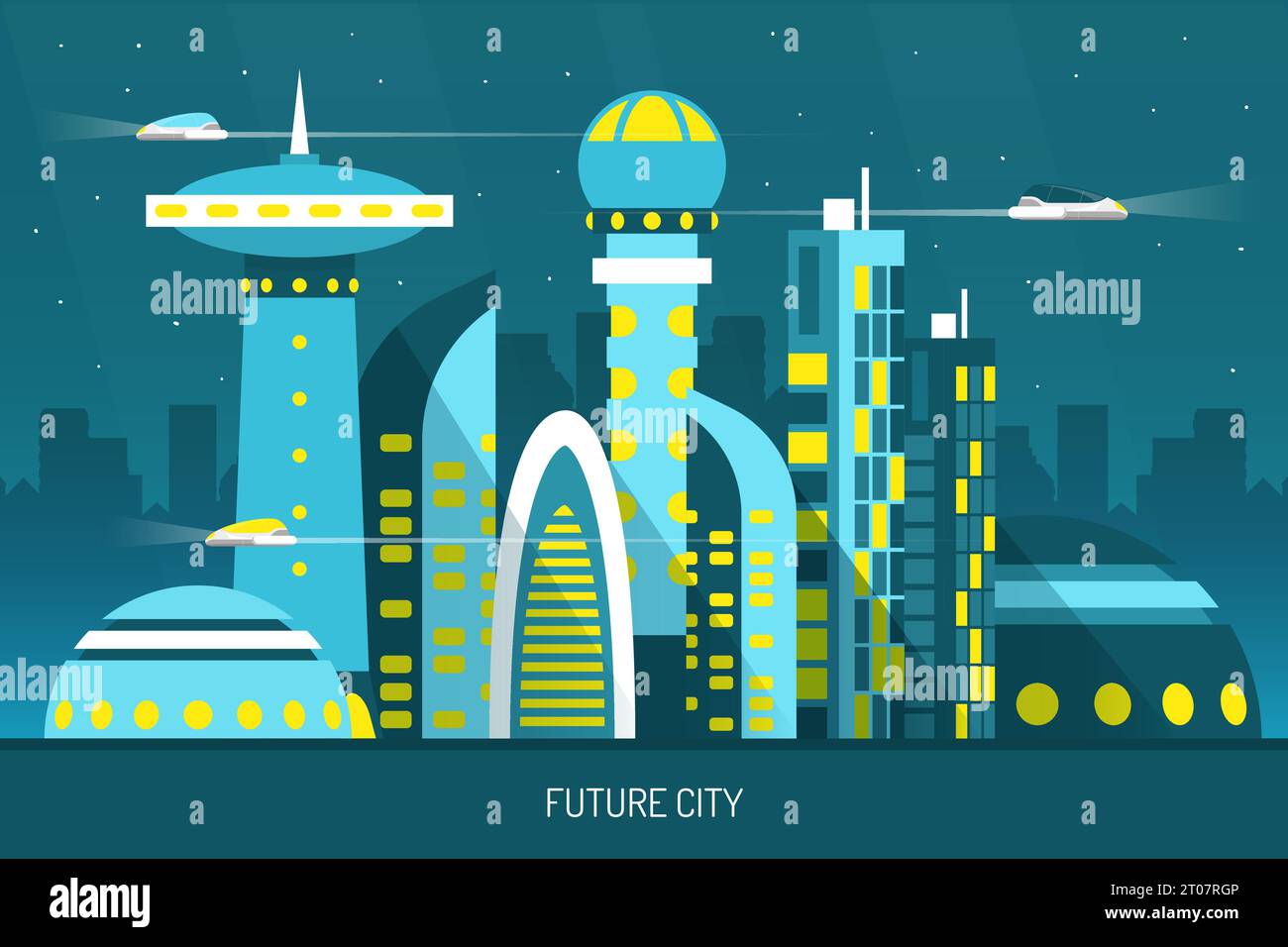 Città del futuro con grattacieli di varie forme, trasporti aerei su cielo notturno sfondo orizzontale vettore illustrazione Illustrazione Vettoriale