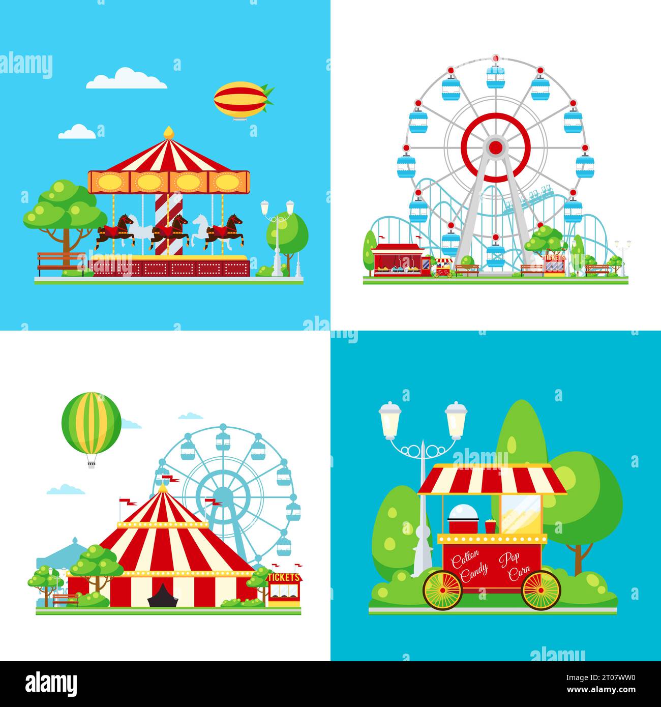 Quattro quadrati di composizione del parco di divertimenti con ruota panoramica circo ferris e gelato van illustrazione vettoriale Illustrazione Vettoriale