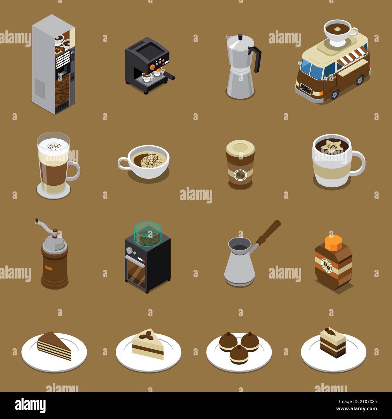Set isometrico caffè con bevande e dolci su piastre distributore automatico macinacaffè auto isolato illustrazione vettoriale Illustrazione Vettoriale