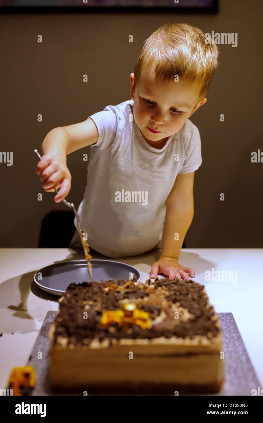 Piccolo e carino che taglia la sua torta di compleanno Foto Stock