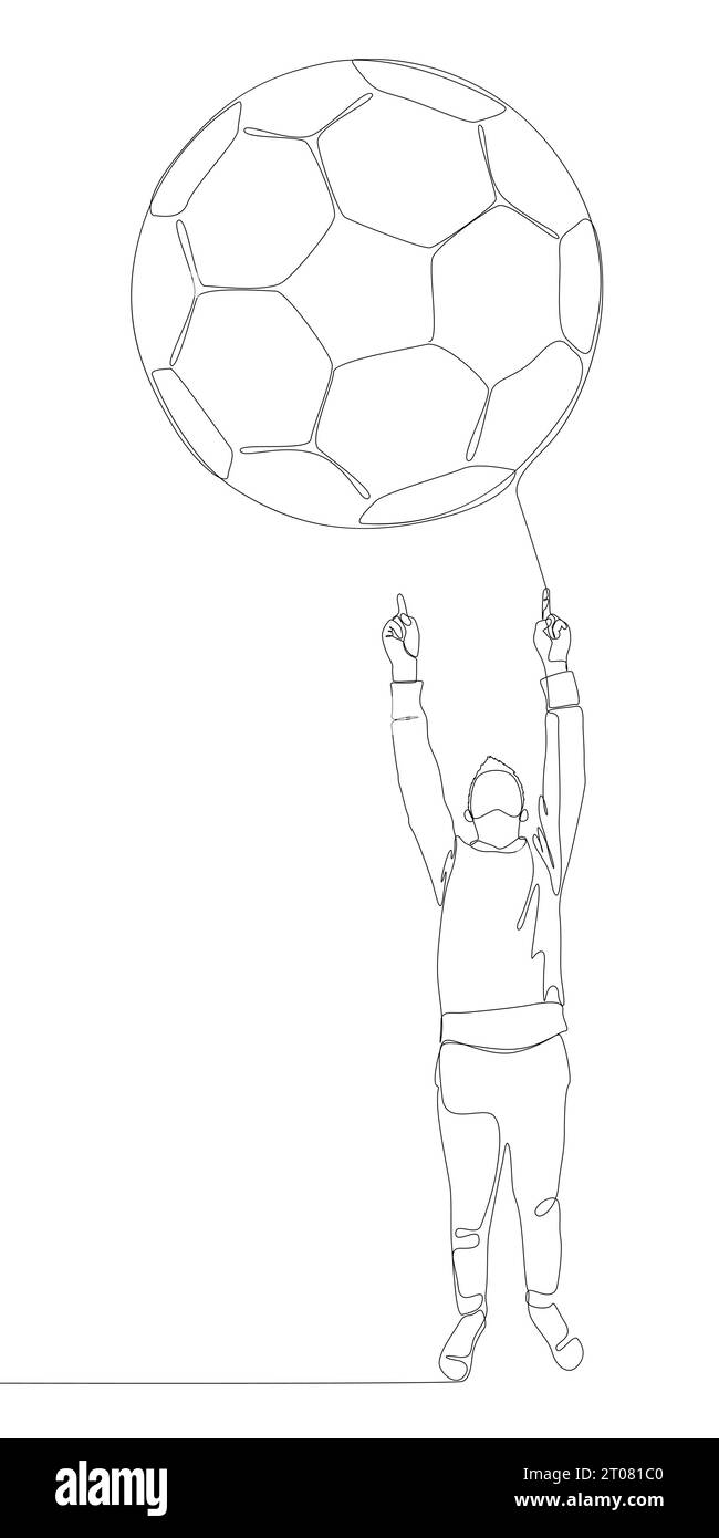 Una linea continua di uomo che punta con il dito contro il pallone da calcio. Concetto vettoriale illustrazione a linee sottili. Idee creative per disegnare contorni. Illustrazione Vettoriale