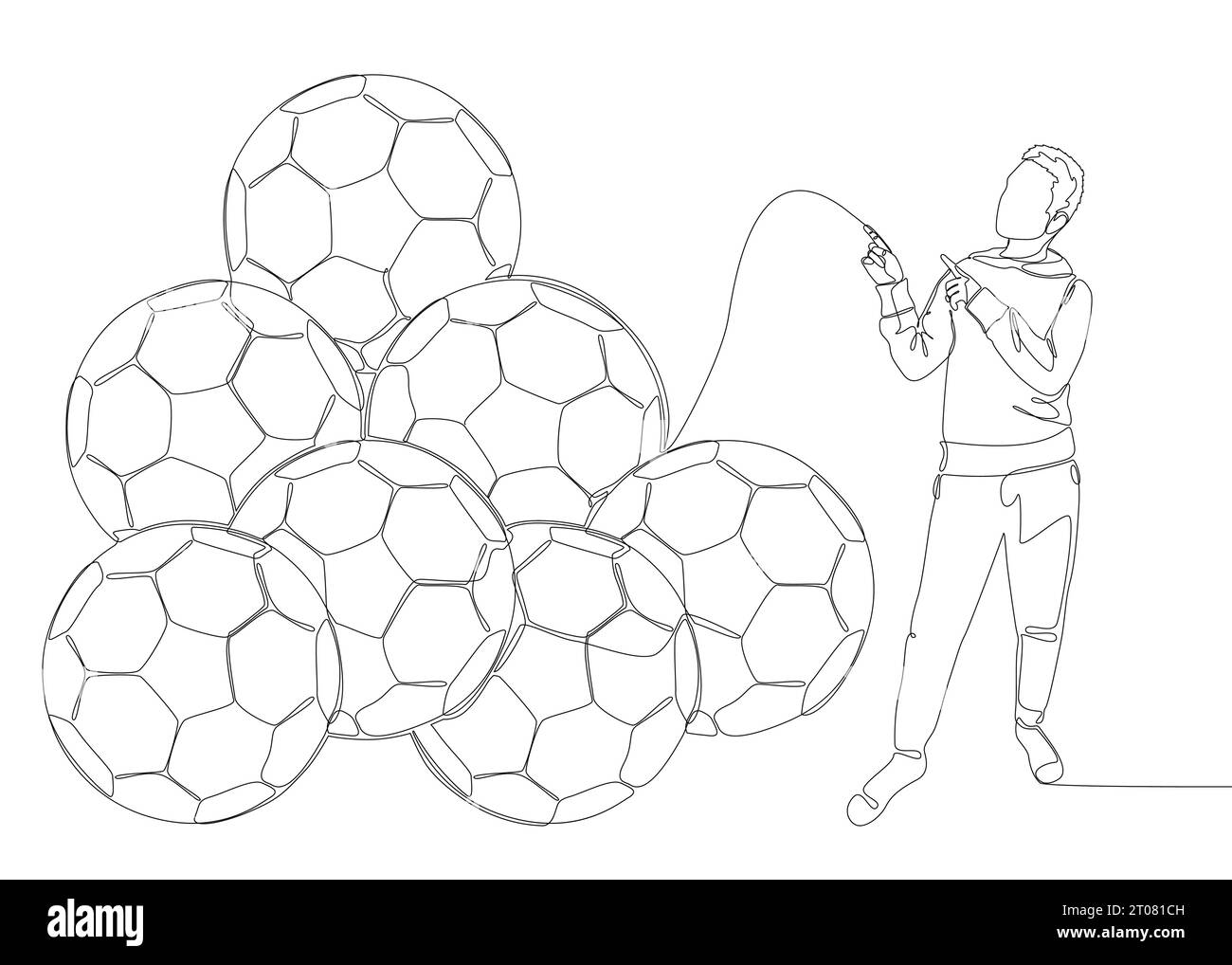 Una linea continua di uomo che punta con il dito contro il pallone da calcio. Concetto vettoriale illustrazione a linee sottili. Idee creative per disegnare contorni. Illustrazione Vettoriale