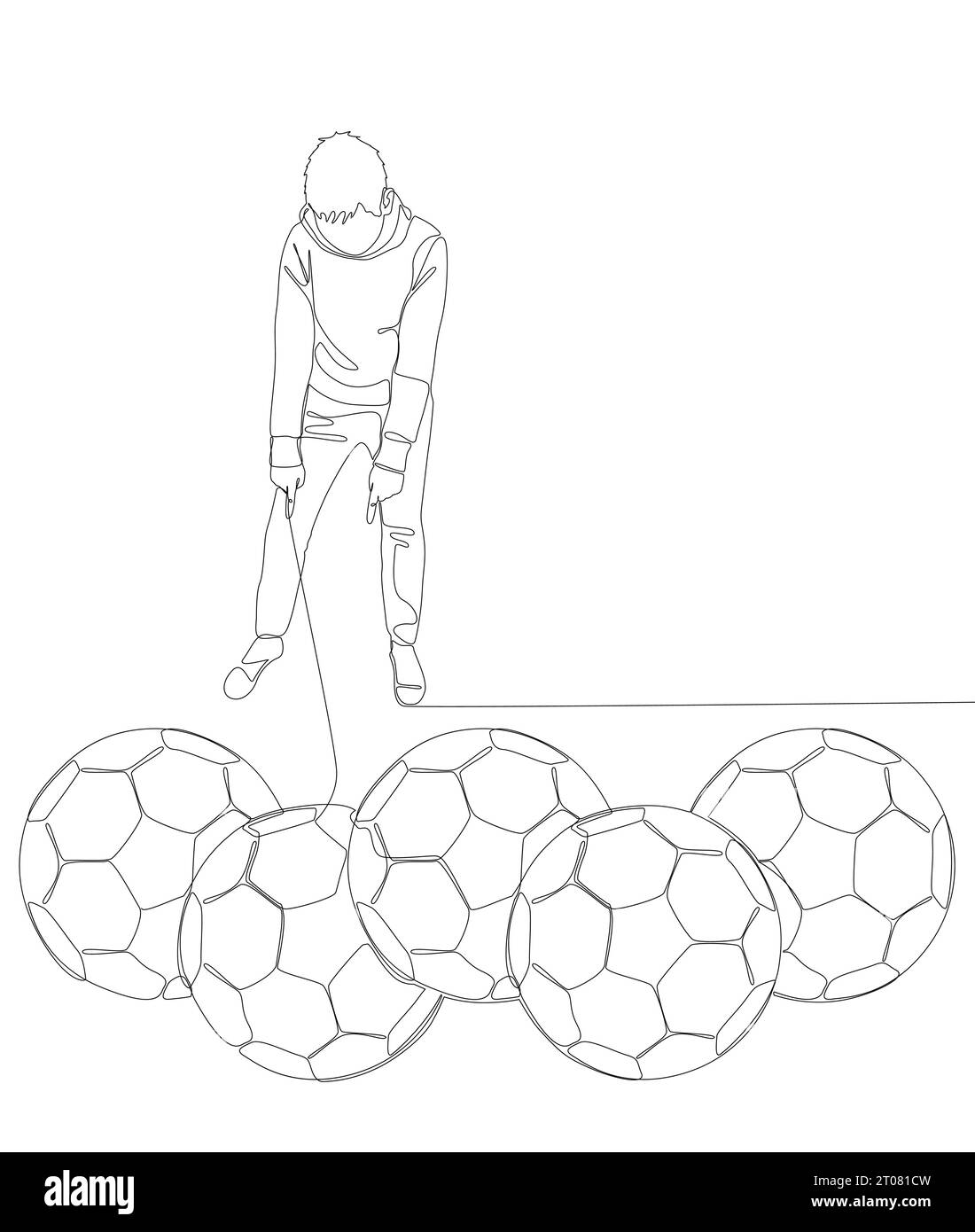 Una linea continua di uomo che punta con il dito contro il pallone da calcio. Concetto vettoriale illustrazione a linee sottili. Idee creative per disegnare contorni. Illustrazione Vettoriale