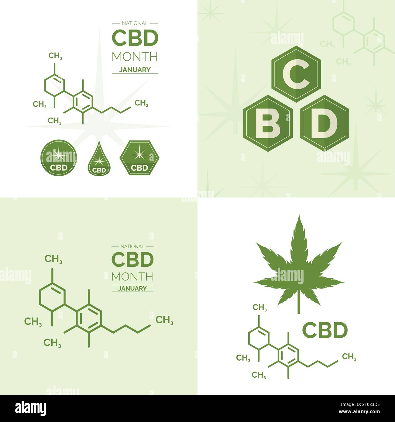 Set di icone cbd, illustrazione vettoriale del logo molecolare di cannabis isolato sullo sfondo Illustrazione Vettoriale