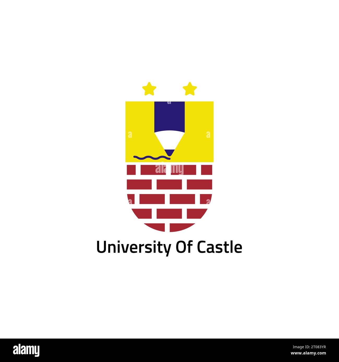 Logo con emblema universitario con oggetto a mattoni e matita. Illustrazione Vettoriale
