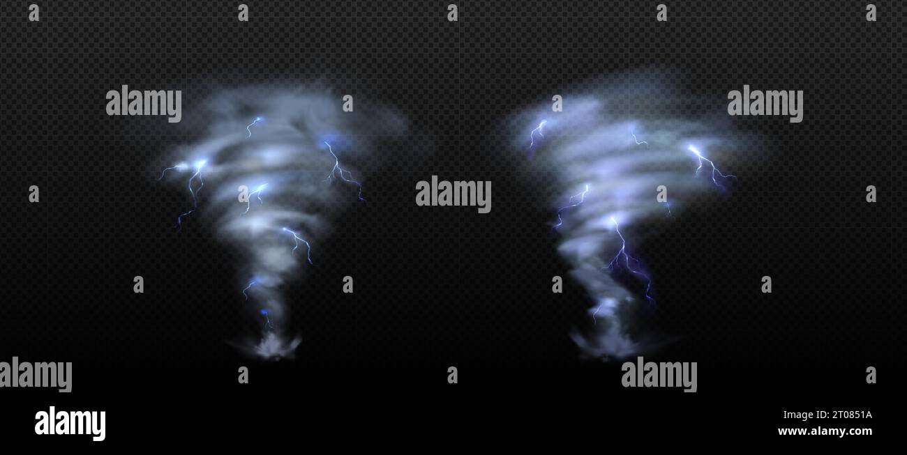 Vettore di tempesta tornado, effetto isolato trasparente del vento uragano. nuvola rotante a ciclone 3d con fulmine. Imbuto vortex ad aria realistico astratto. Potenza vorticosa distruttiva. Tifone pericolo tempo Illustrazione Vettoriale