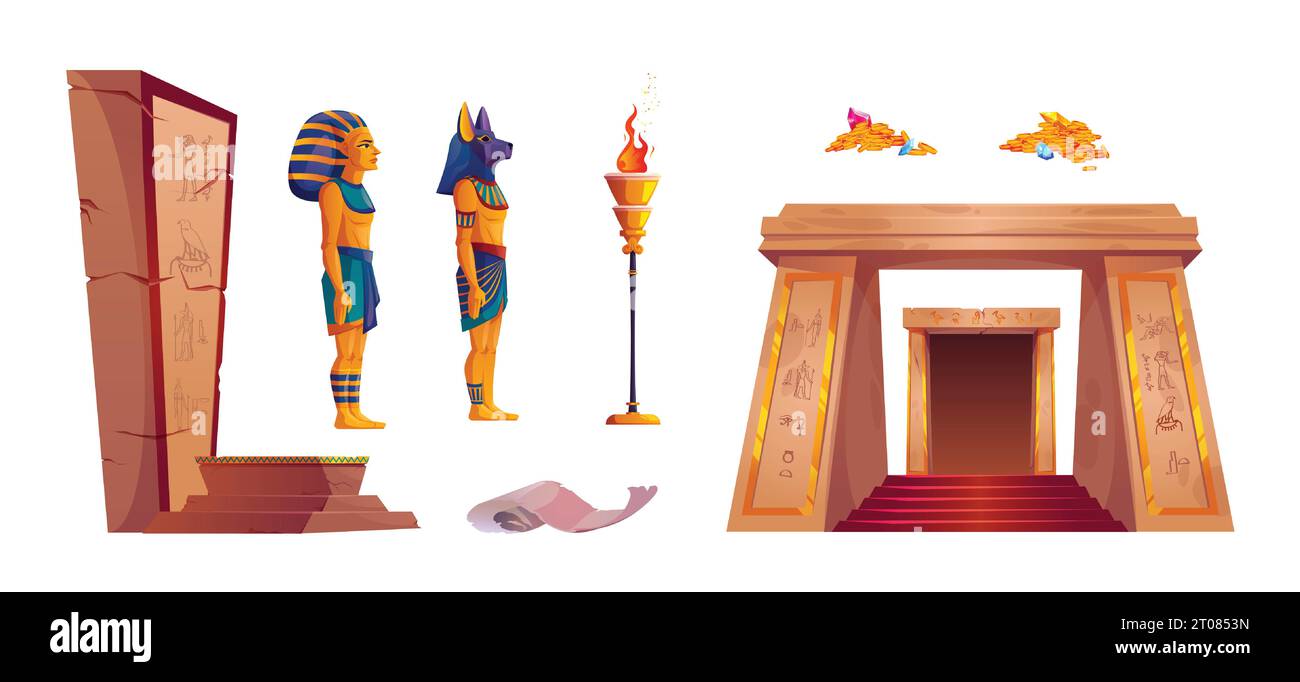 Set di elementi di design degli interni a piramide egiziana isolati su sfondo bianco. Illustrazione vettoriale di un'antica tomba del faraone, antiche immagini su pareti di pietra, statue umane, pile di denaro, torcia Illustrazione Vettoriale
