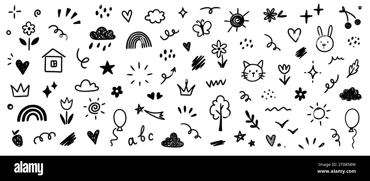 Icona bambino disegnata a mano schizzo elemento simpatico fiore, nuvola, palloncino. Set di elementi infantili per schizzo linea di scarabocchio. Fiori, cuore, nuvole i bambini disegnano elementi di design di stile sullo sfondo. Illustrazione vettoriale Illustrazione Vettoriale