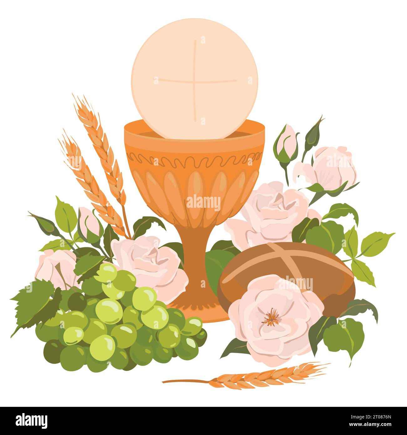 I simboli della prima comunione. Vettore. Ciotola dorata per vino, pane, vino, uva, rose bianche. Elementi per un design accattivante. Decorazioni festose Illustrazione Vettoriale