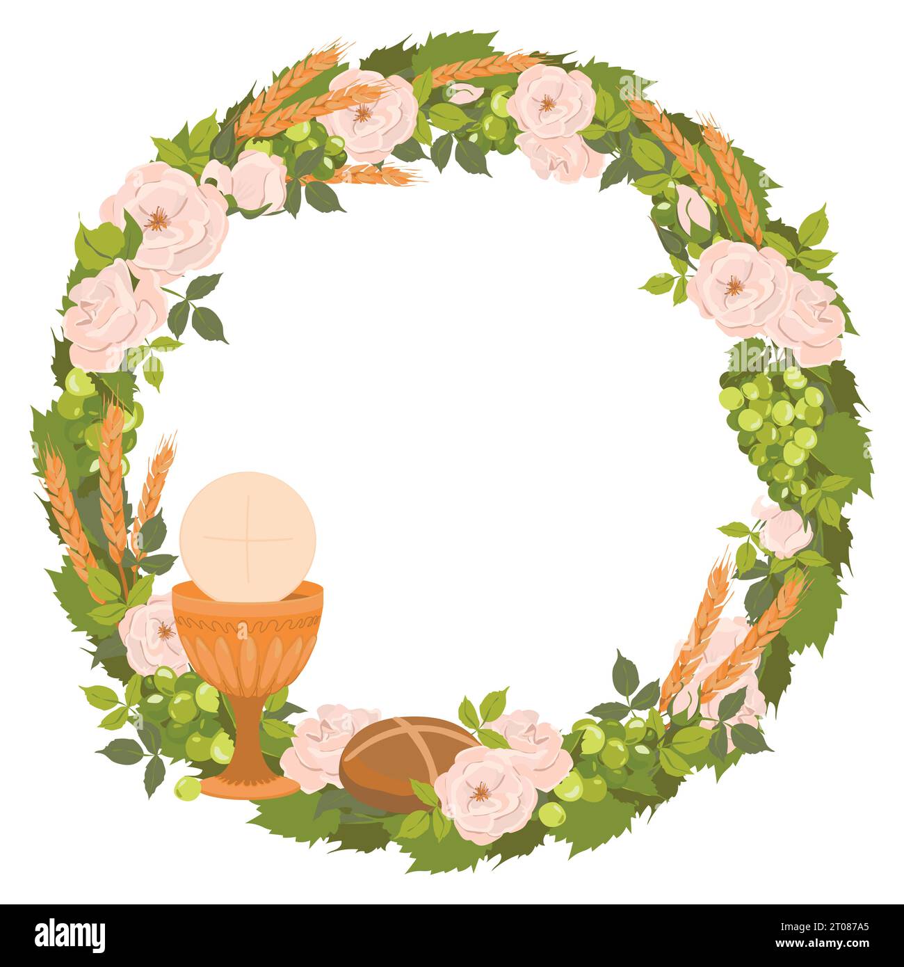 Simboli della prima comunione in una composizione rotonda, corona. Vettore. Ciotola dorata per vino, pane, vino, uva, rose bianche. Elementi per la bellezza Illustrazione Vettoriale