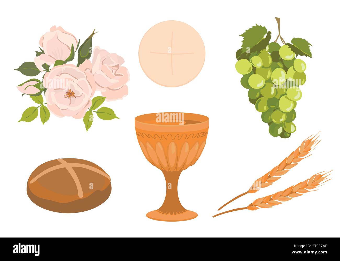 Elementi di una prima comunione cattolica. Insieme di vettori. Ciotola dorata per vino, pane, vino, uva, rose bianche. Elementi per un design accattivante. Illustrazione Vettoriale