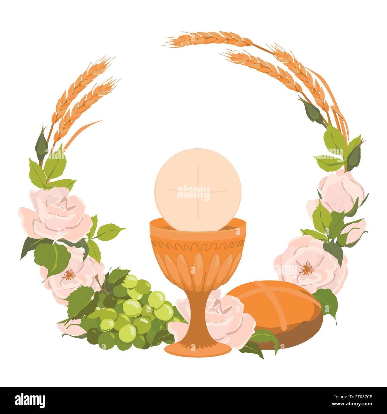 Simboli della prima comunione in una composizione rotonda, corona. Vettore. Ciotola dorata per vino, pane, vino, uva, rose bianche. Elementi per la bellezza Illustrazione Vettoriale