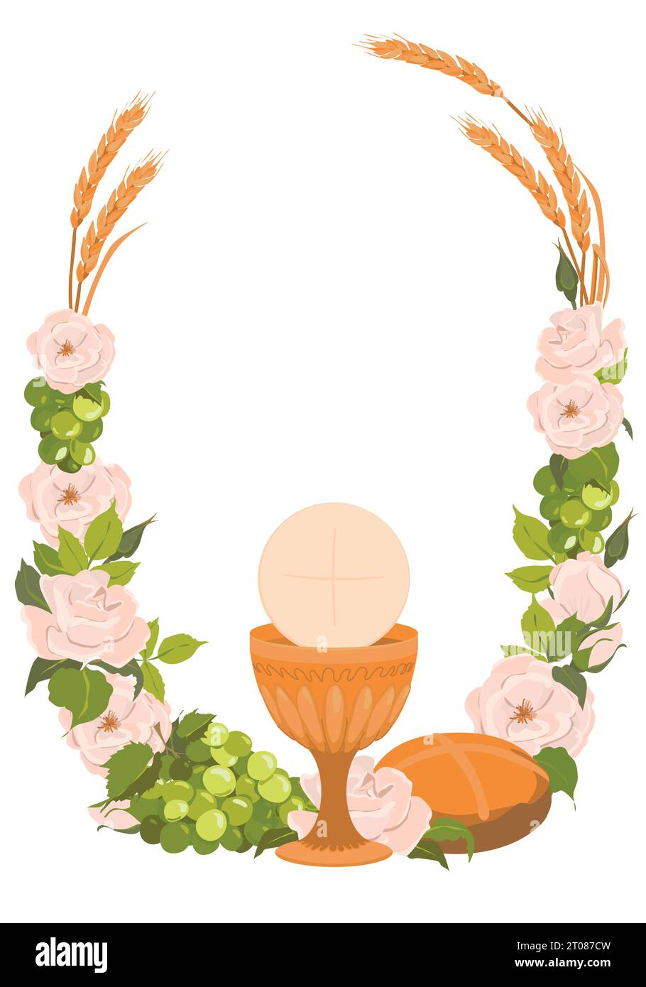 Simboli della prima comunione in una composizione rotonda, corona. Vettore. Ciotola dorata per vino, pane, vino, uva, rose bianche. Elementi per la bellezza Illustrazione Vettoriale