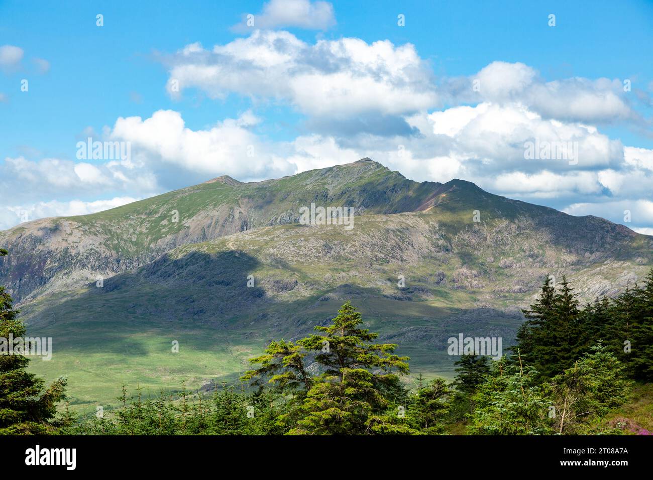 Alle pendici dell'Y Garn nel parco nazionale della Snowdonia, guardando verso il crinale dello Snowdon Yr Wyddfa Foto Stock