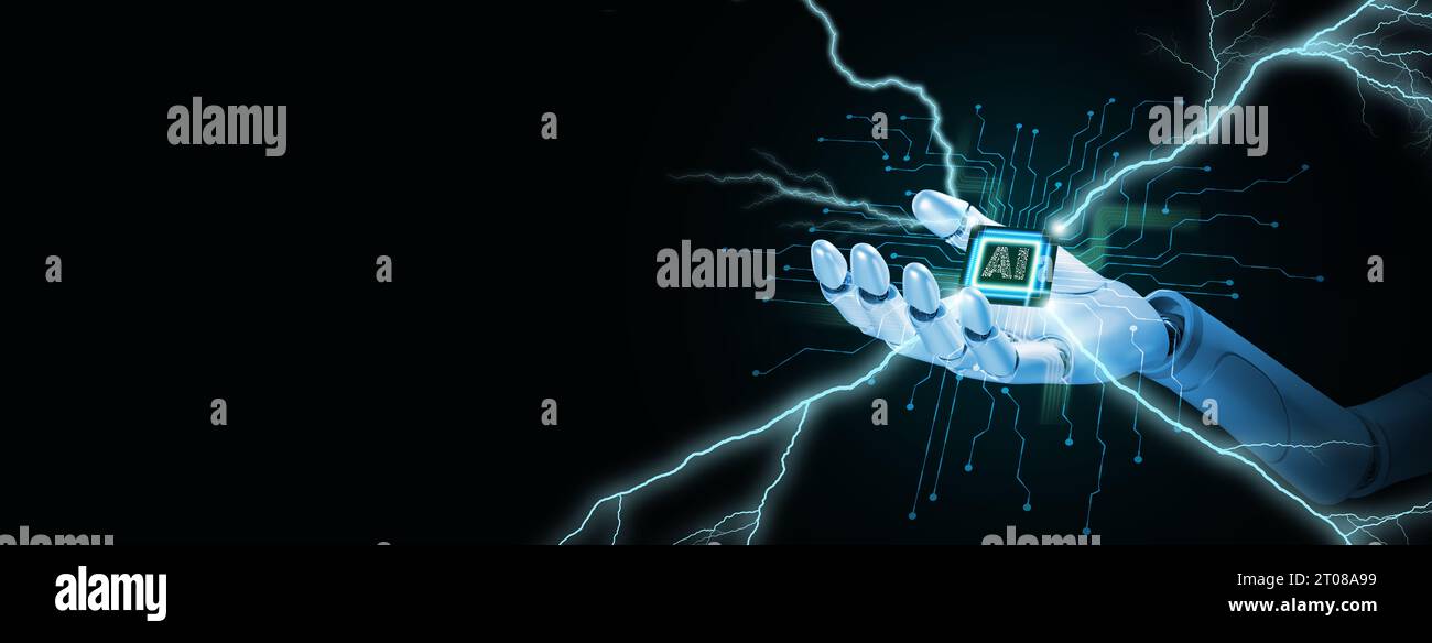 Tecnologia di potenza di elaborazione e concetto di prestazioni. CPU o microchip super potenti nelle mani di un robot o IA, intelligenza artificiale, con luce Foto Stock