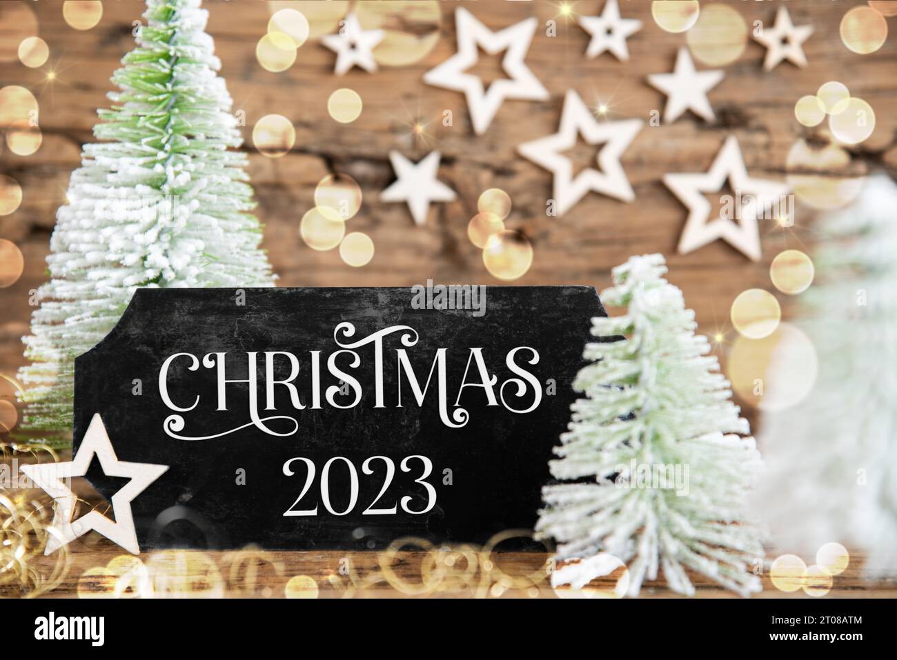 Alberi di Natale verdi bianchi con sfondo rustico in legno e Un cartello nero con testo Natale 2023 Foto Stock