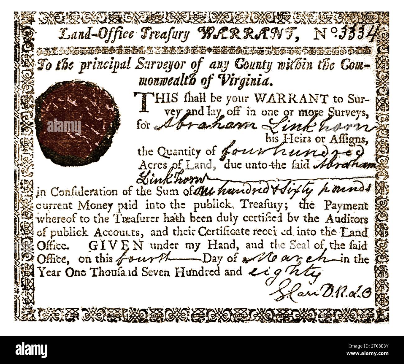 Storia del presidente Abraham Lincoln 1780 Land Office Warrant for Land rilevata da Abraham Linkhorn (Lincoln) Foto Stock