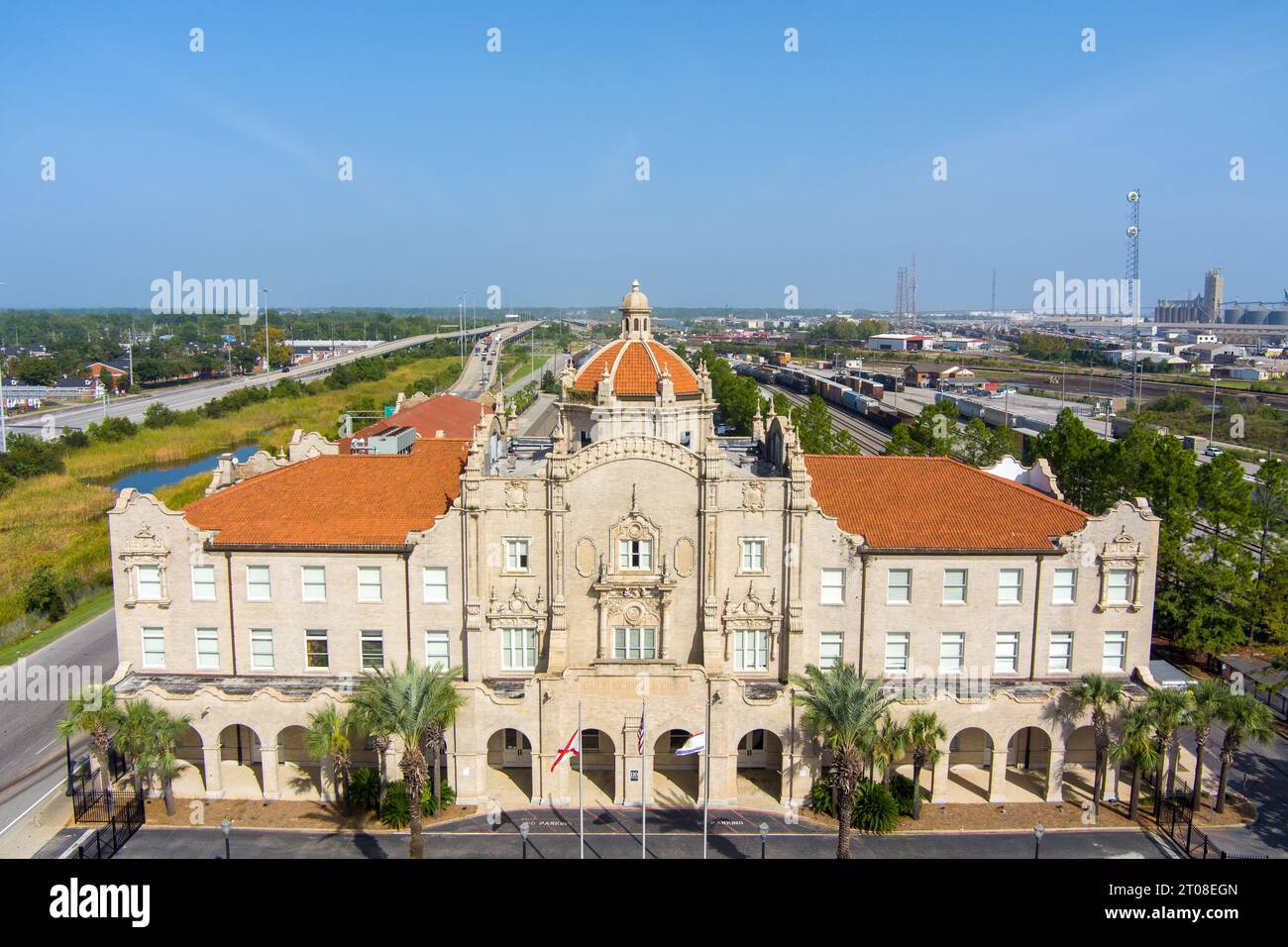 Vista aerea della storica stazione ferroviaria Mobile di Mobile, Alabama Foto Stock