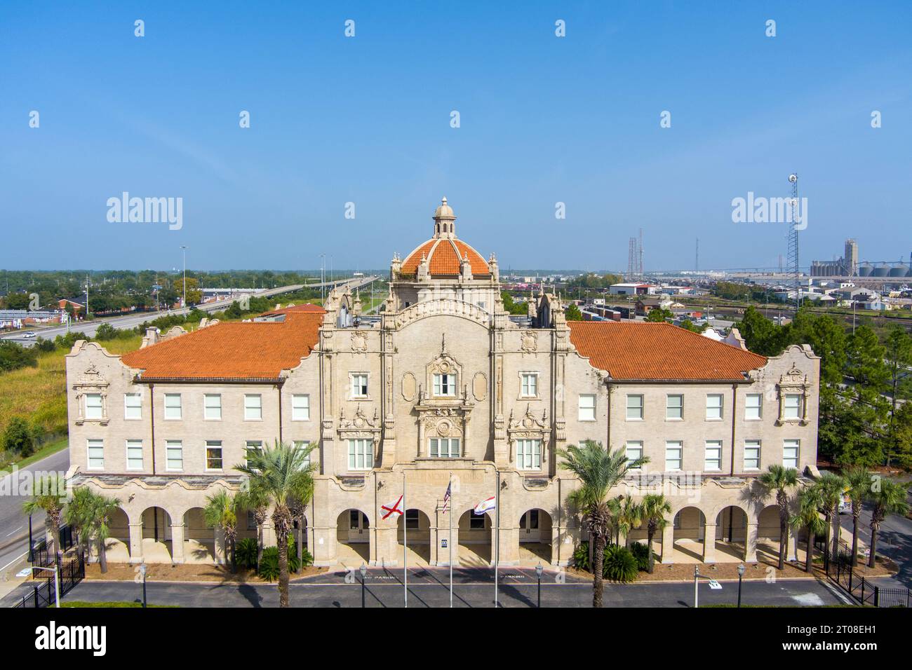 Vista aerea della storica stazione ferroviaria Mobile di Mobile, Alabama Foto Stock