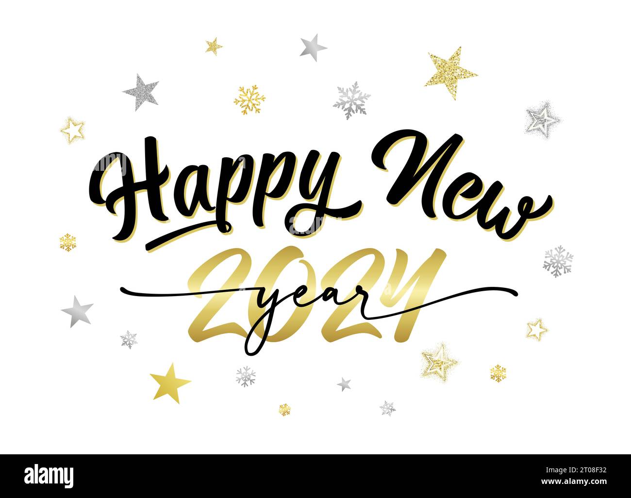 Felice anno nuovo 2024 elegante calligrafia nera con numeri dorati. Oro creativo numero 2024 con snoflake e stelle. Un buon biglietto di auguri per l'anno nuovo Illustrazione Vettoriale