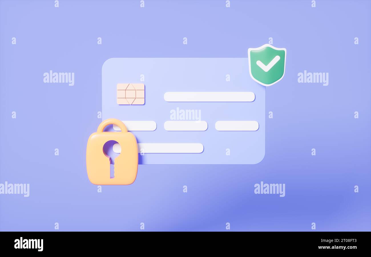 Carta di credito e lucchetto Cartoon, crittografia delle carte di credito, rendering 3D. Disegno digitale. Foto Stock