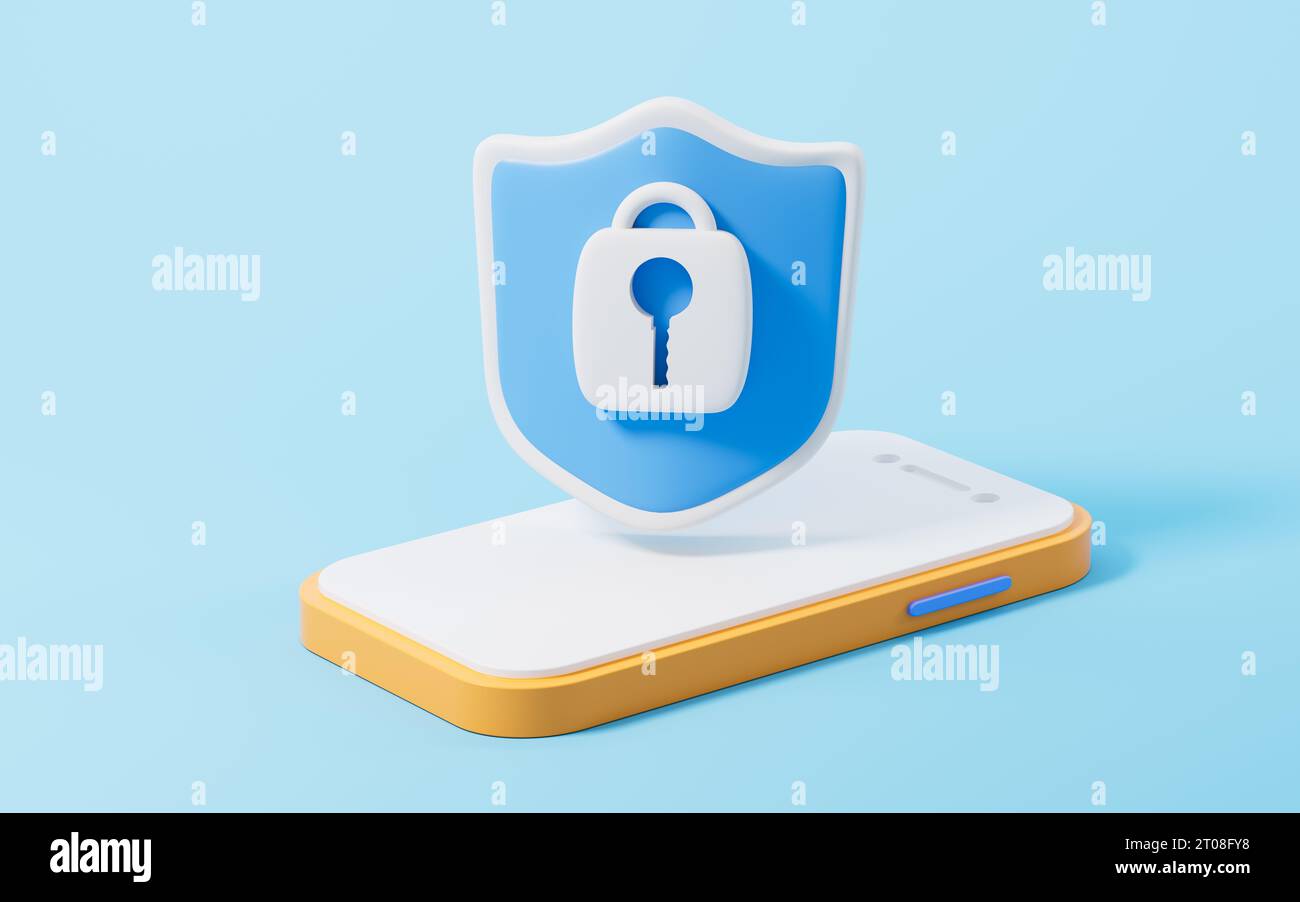 Telefono cellulare e scudo Cartoon, crittografia telefono cellulare, rendering 3D. Disegno digitale. Foto Stock
