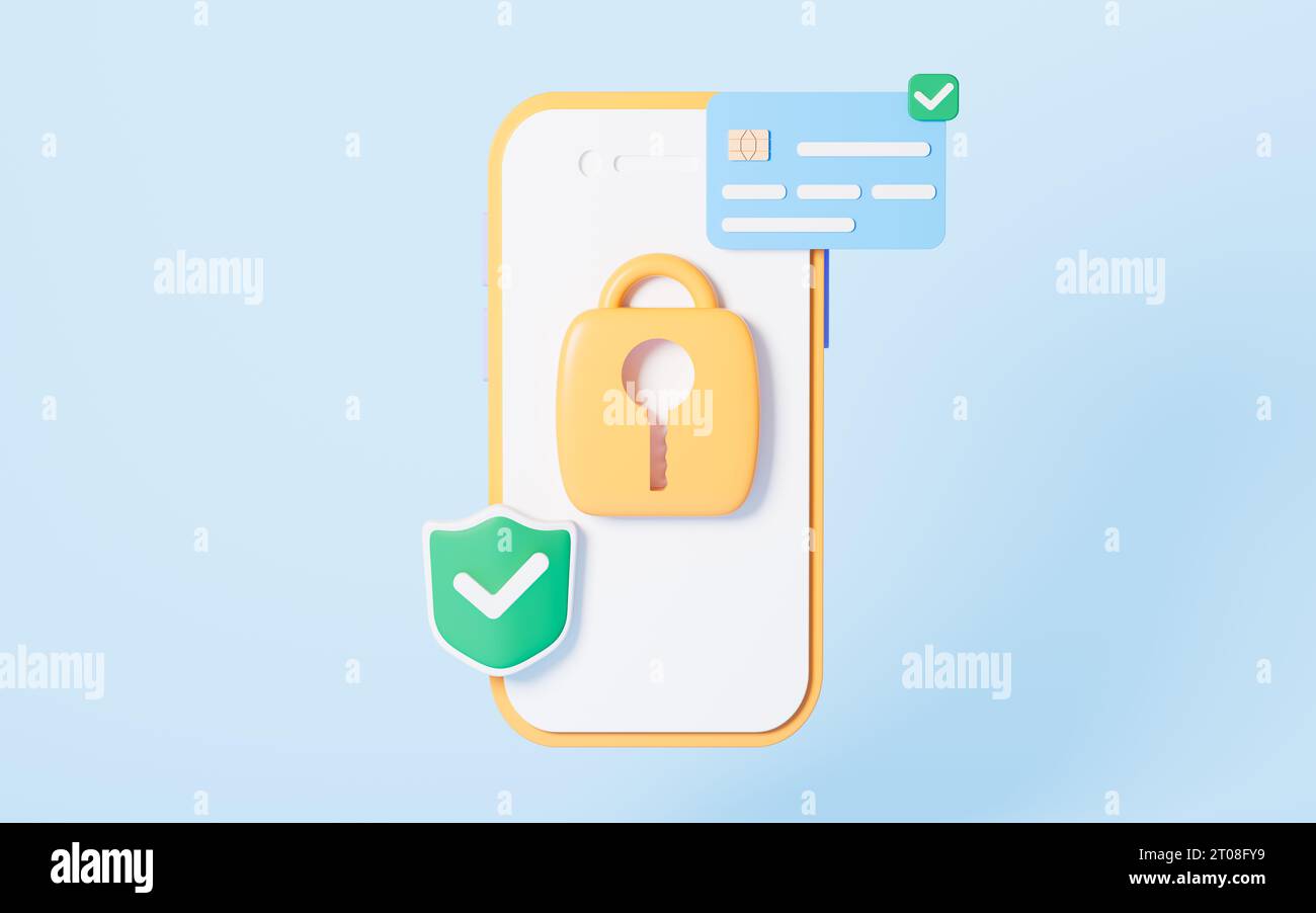 Telefono cellulare e scudo Cartoon, crittografia telefono cellulare, rendering 3D. Disegno digitale. Foto Stock