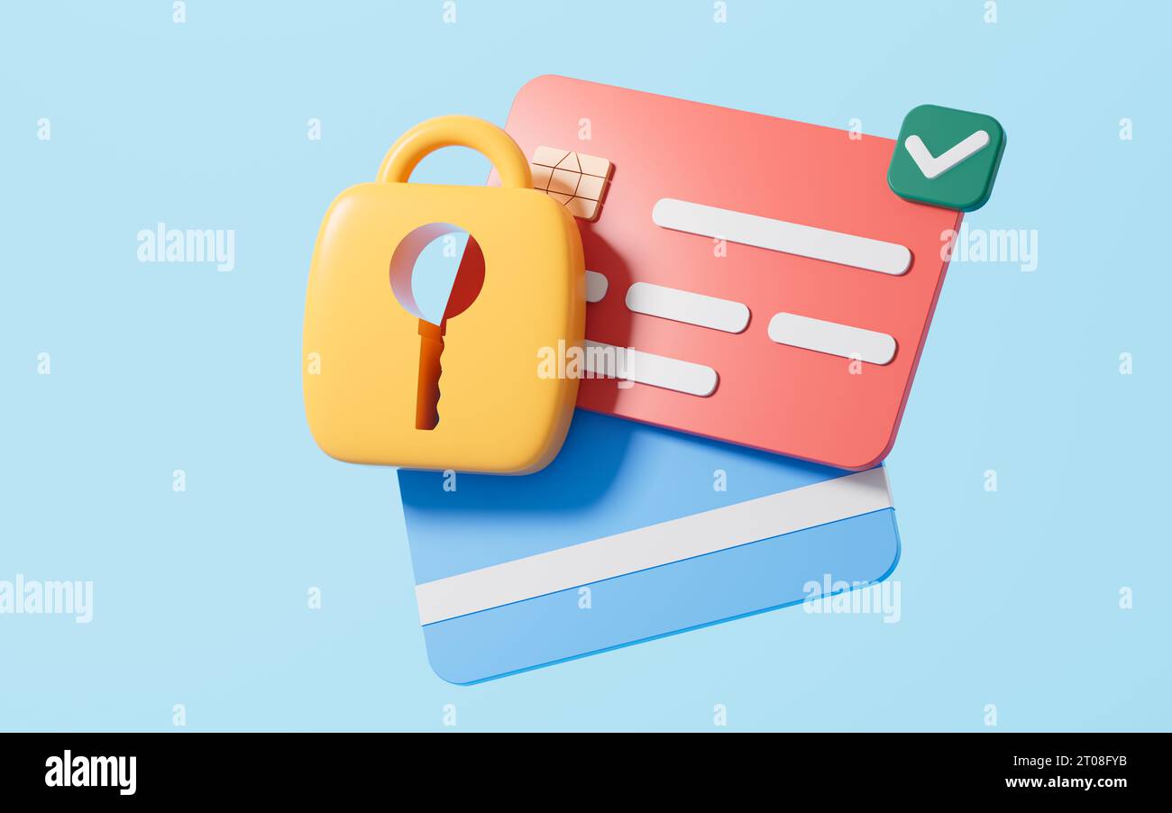 Carta di credito e lucchetto Cartoon, crittografia delle carte di credito, rendering 3D. Disegno digitale. Foto Stock