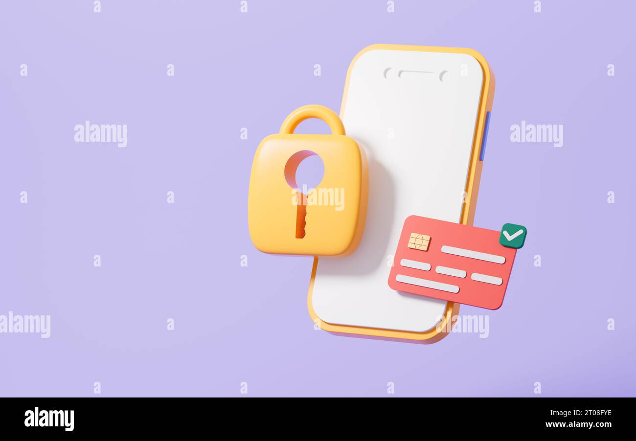 Telefono cellulare e scudo Cartoon, crittografia telefono cellulare, rendering 3D. Disegno digitale. Foto Stock