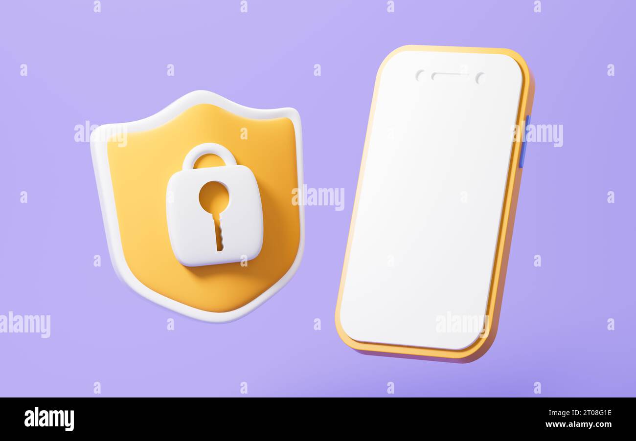 Telefono cellulare e scudo Cartoon, crittografia telefono cellulare, rendering 3D. Disegno digitale. Foto Stock