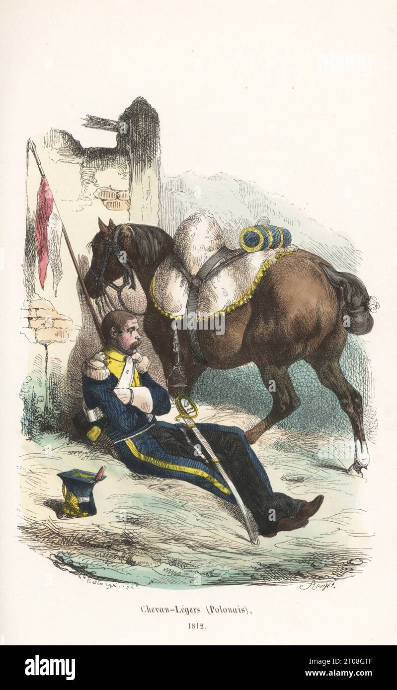 Soldato del 1° reggimento di cavalleria leggera (polacco), Guardia Imperiale francese, riposa con il suo cavallo in una stalla. In shako, cappotto e pantaloni blu rifiniti con spalline gialle bianche, armati di sciabola e lancia. Cavallo a mouton Shabrack. Chevau-Legers (Polonais), 1812. Taglio in legno a mano di Francois Rouget dopo un’illustrazione di Hippolyte Bellangé da P.M. Laurent de l’Ardeche’s Histoire de Napoleon, Parigi, 1840. Foto Stock