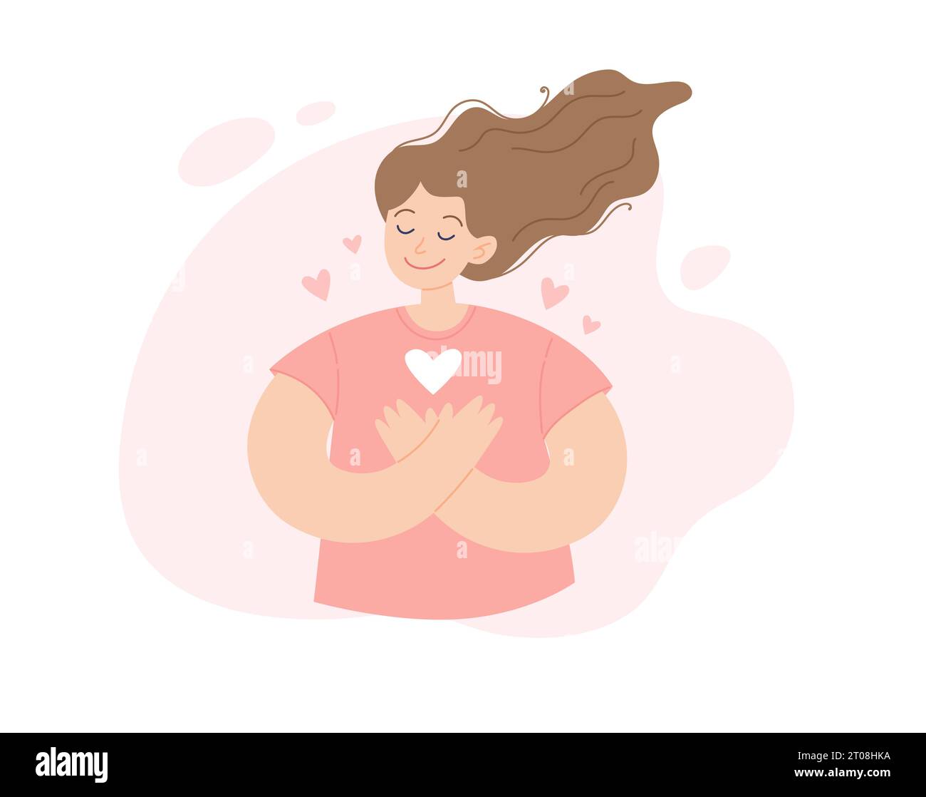 Concetto di auto-aiuto. Giovane donna positiva con la mano sul petto con cuore, gratitudine e pace. Illustrazione vettoriale in stile semplice Illustrazione Vettoriale