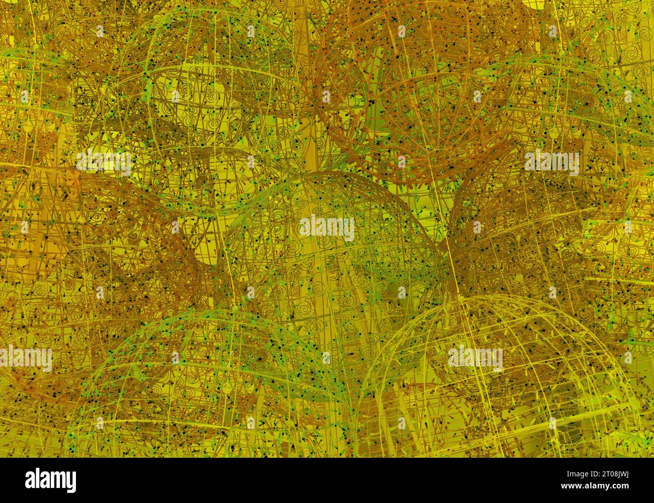 Sfondo chiaro astratto. Illuminazione festiva sotto forma di palle luminose di ghirlande elettriche di giallo, oro e verde. Foto Stock