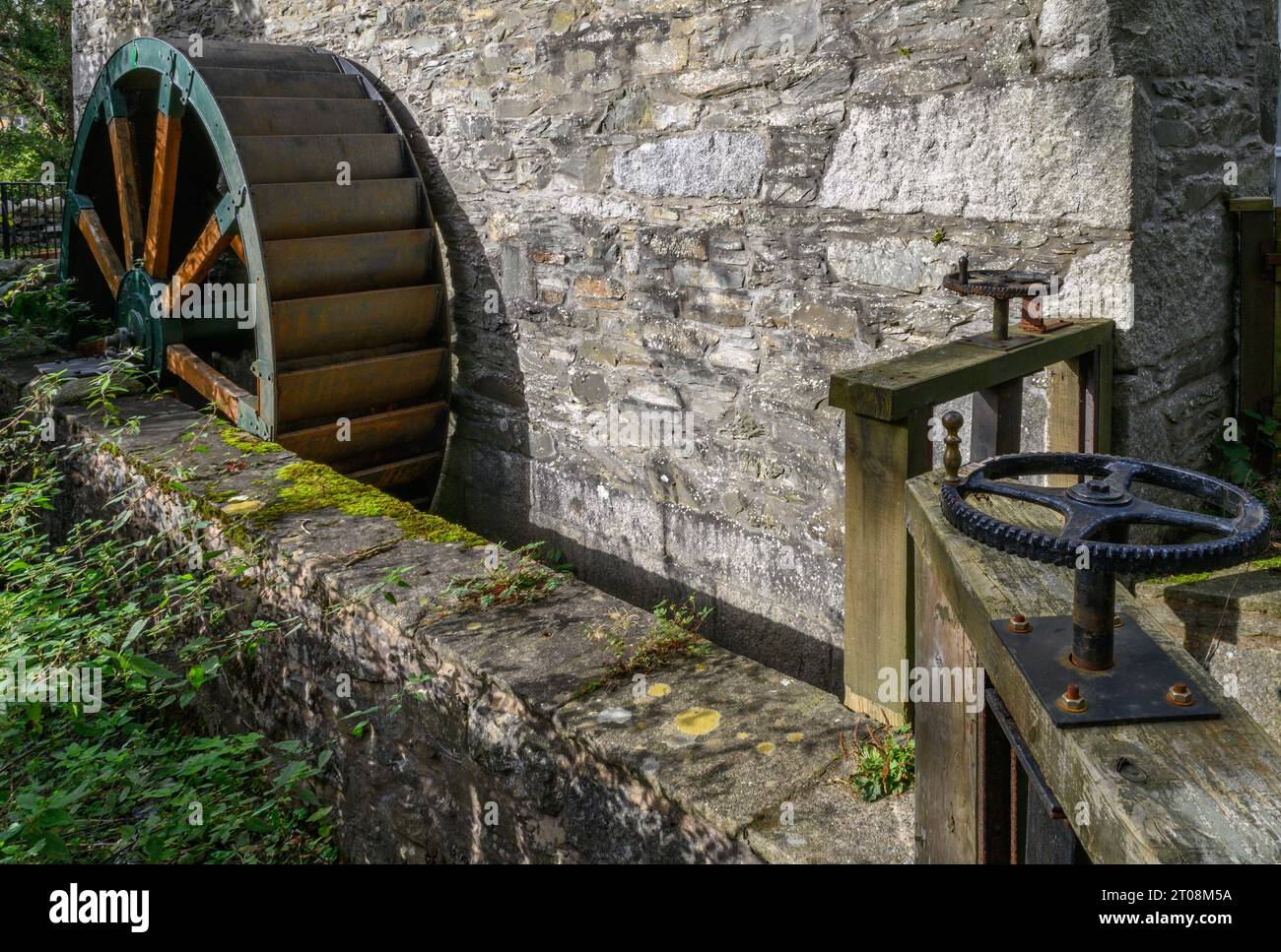 Mill Wheel dettaglio presso il mulino della flotta, Gatehouse of Fleet, Scozia Foto Stock