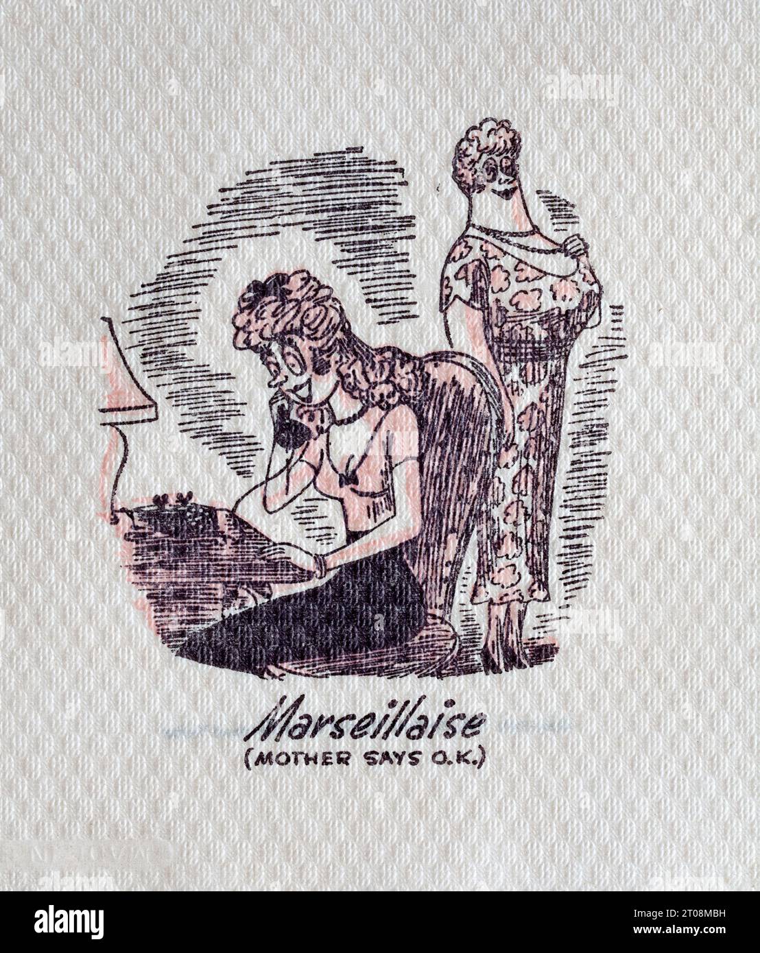 Tovagliolo di cartone degli anni '1950 - scherzo in lingua francese - Marsigliese - la madre dice OK Foto Stock