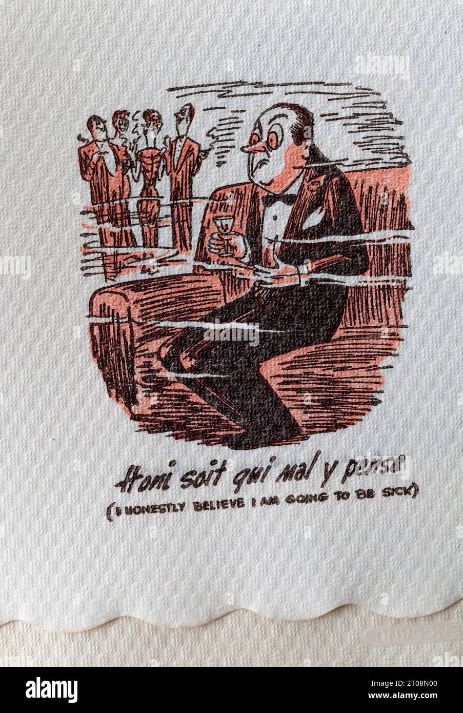 Tovagliolo di cartone anni '1950 - scherzo in lingua francese - Honi Soit qui mal Y pense - credo sinceramente che sarò malato Foto Stock