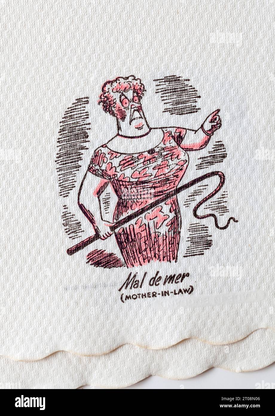 Tovagliolo dei fumetti degli anni '1950 - scherzo in lingua francese - madre in legge - mal De Mer Foto Stock