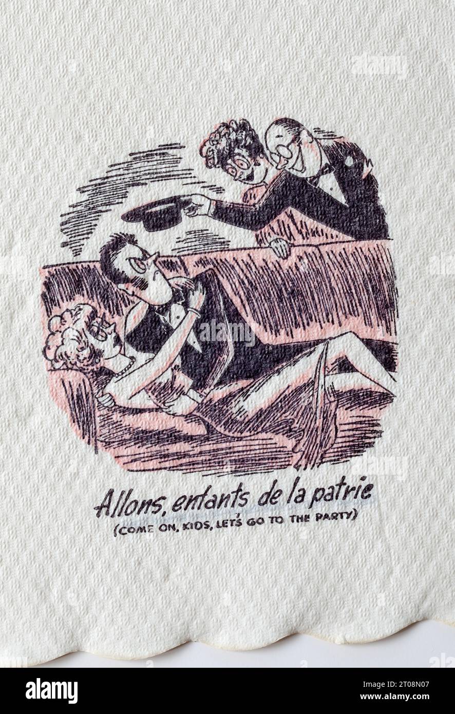 Tovagliolo di cartone degli anni '1950 - scherzo in lingua francese - Party Foto Stock