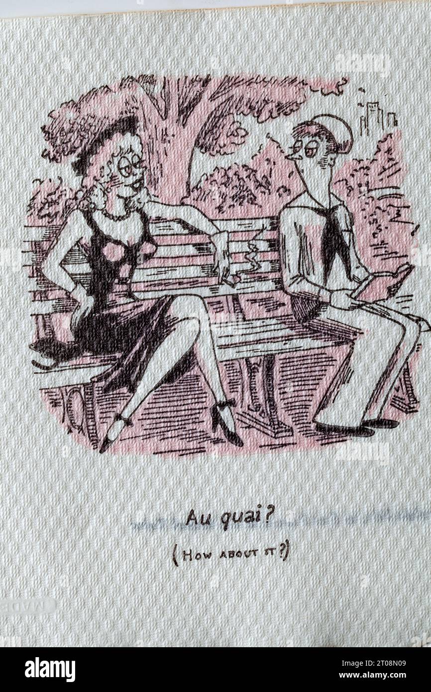 Tovagliolo di cartone degli anni '1950 - scherzo in lingua francese - Au Quai - che ne dici Foto Stock