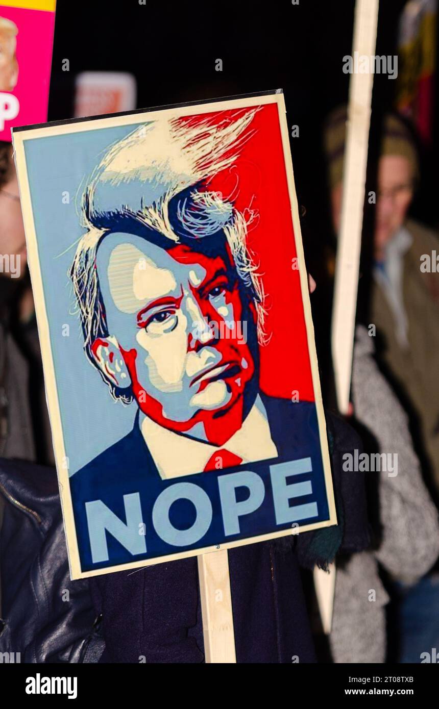 Donald Trump cartello di protesta, che mostra i capelli che volano via e la parola "nope", in una marcia di protesta anti Trump inaugurazione a Londra, Regno Unito Foto Stock