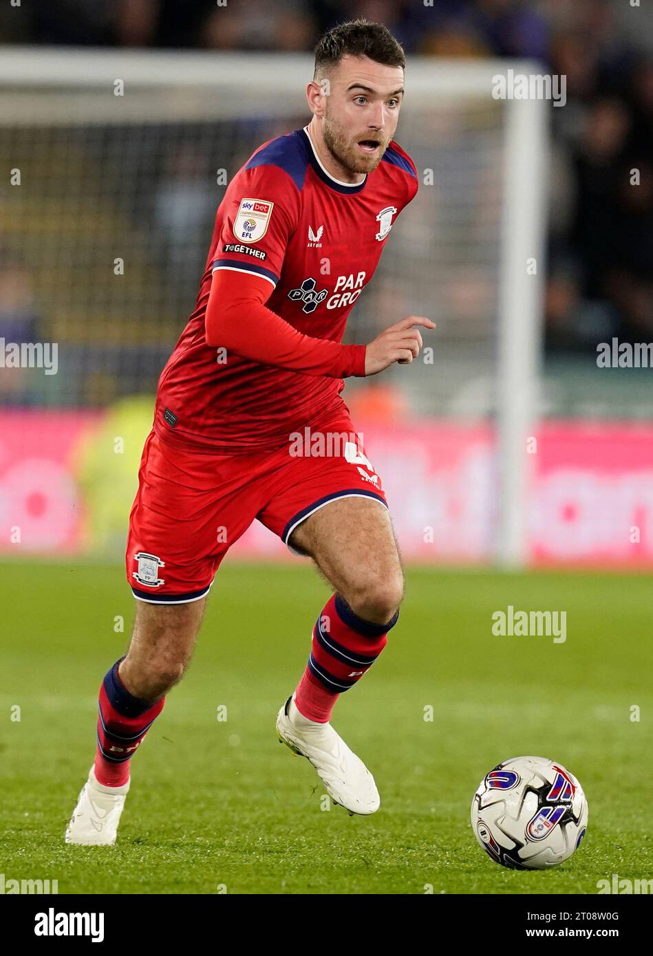 Leicester, Regno Unito. 4 ottobre 2023. Ben Whiteman del Preston North End durante la partita per il campionato Sky Bet al King Power Stadium di Leicester. Il credito fotografico dovrebbe leggere: Andrew Yates/Sportimage Credit: Sportimage Ltd/Alamy Live News Foto Stock