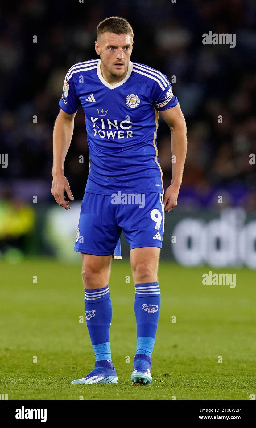 Leicester, Regno Unito. 4 ottobre 2023. Jamie Vardy di Leicester City durante la partita per il campionato Sky Bet al King Power Stadium di Leicester. Il credito fotografico dovrebbe leggere: Andrew Yates/Sportimage Credit: Sportimage Ltd/Alamy Live News Foto Stock