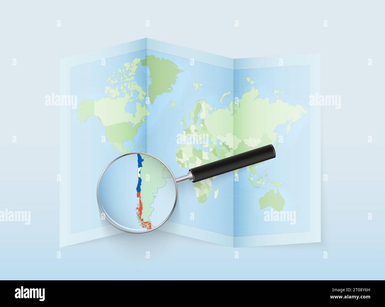 Una mappa del mondo ripiegata con una lente di ingrandimento rivolta verso il Cile. Mappa e bandiera dell'Italia in loupe. Illustrazione vettoriale con tono di colore blu. Illustrazione Vettoriale