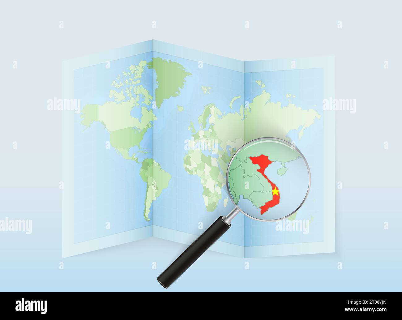 Una mappa del mondo ripiegata con una lente di ingrandimento rivolta verso il Vietnam. Mappa e bandiera dell'Italia in loupe. Illustrazione vettoriale con tono di colore blu. Illustrazione Vettoriale
