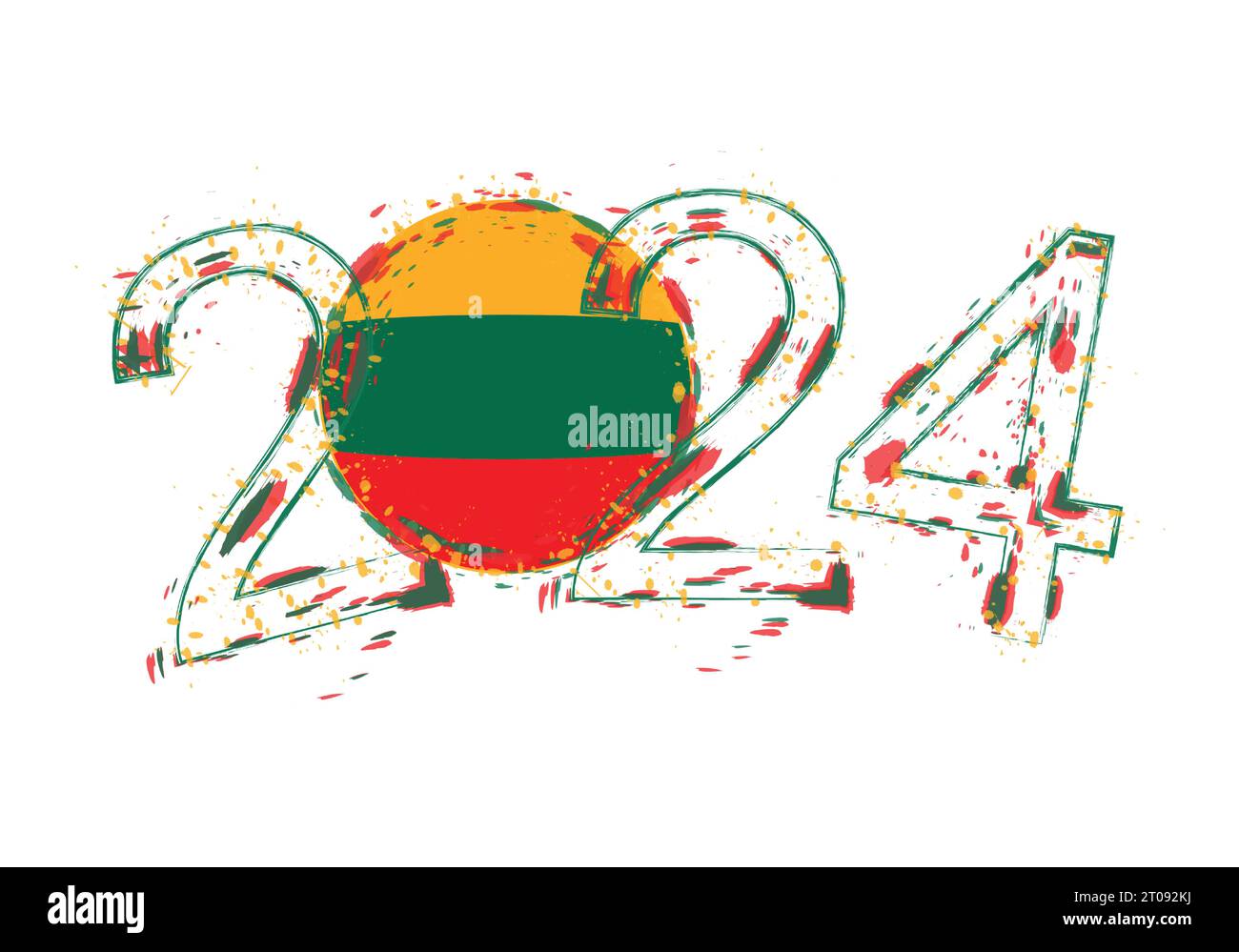 2024 anni in stile grunge con bandiera della Lituania. Illustrazione vettoriale grunge per le festività. Illustrazione Vettoriale