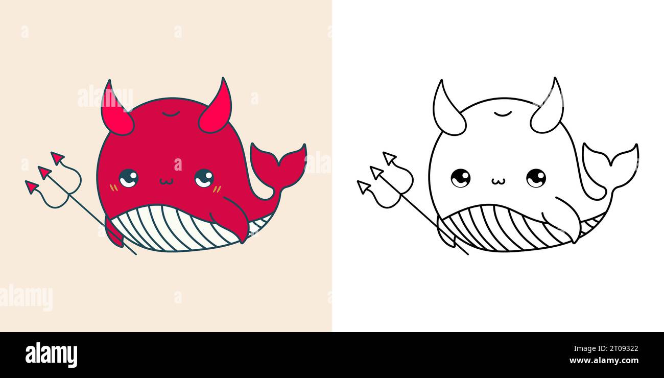 Clipart Halloween Whale multicolore e bianco e nero. Illustrazione Vettoriale