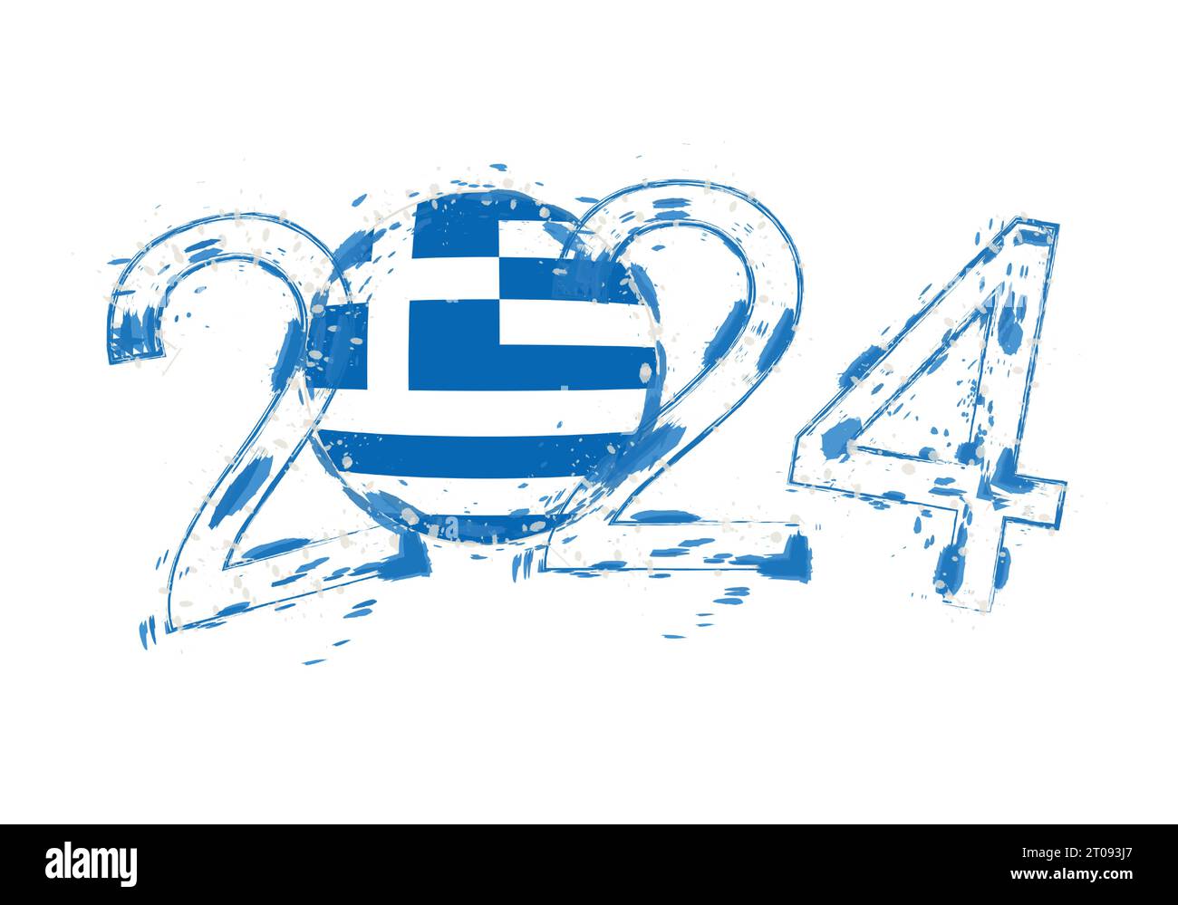 2024 anni in stile grunge con bandiera della Grecia. Illustrazione vettoriale grunge per le festività. Illustrazione Vettoriale